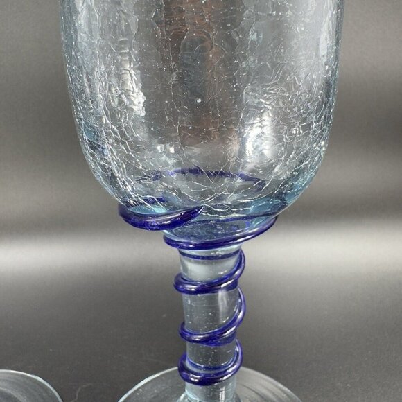 Hand Blown Crackle Glass Goblet Drinking Glasses Set 2 Clear Blue Swirl Goblets - Picture 8 of 12